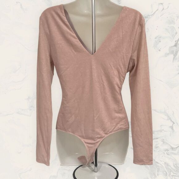 New Abound Metallic Knit Double V Neck Long Sleeve Bodysuit Rose Gold Pink - Siz - Picture 3 of 5